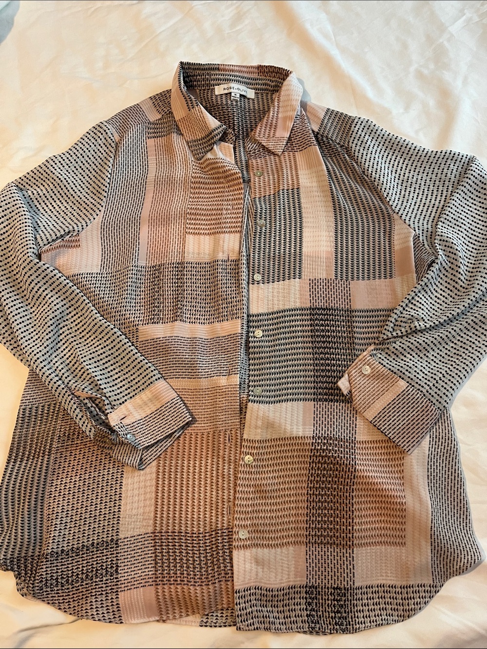 Rose & Olive Beige and Black Patterned Button-Up Shirt